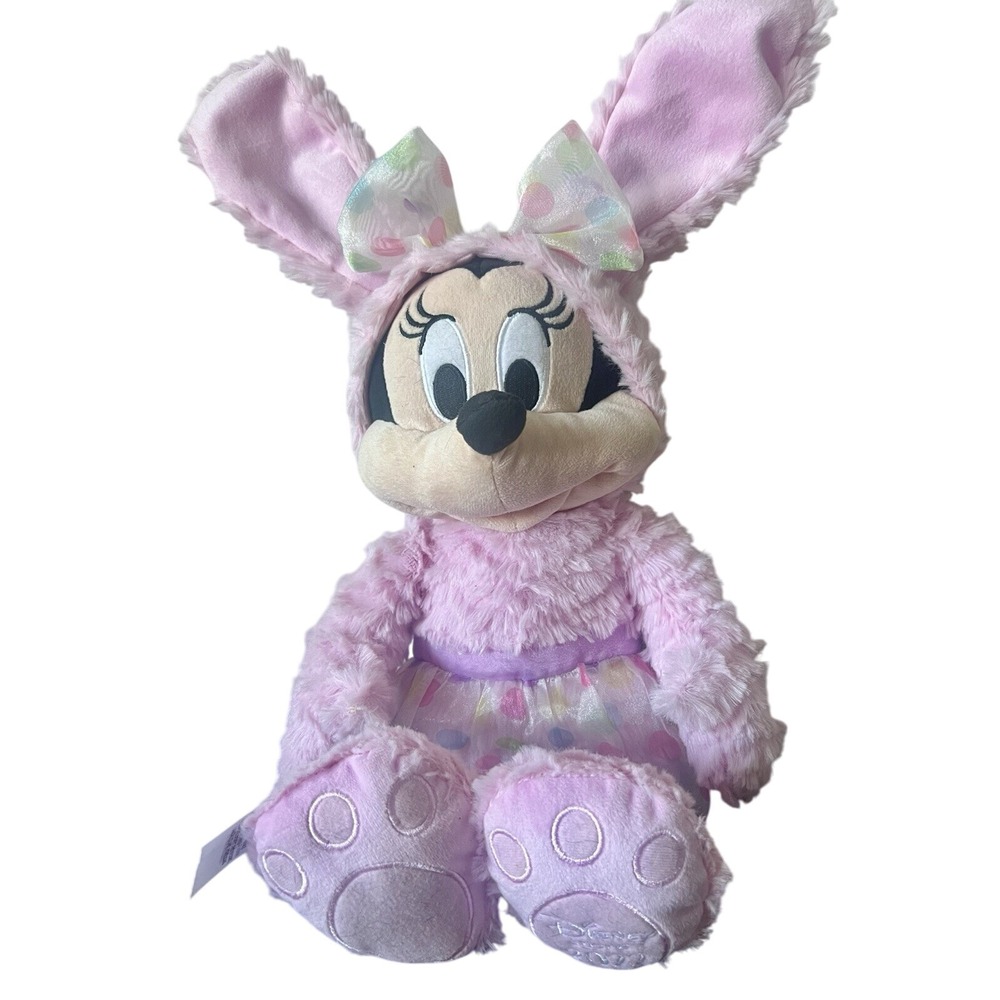 Disney Store 2022 Minnie Mouse Easter Bunny Plush Pink Shaggy Fur 15 Inch Toy